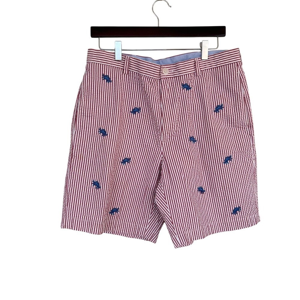 Brooks Brothers 346 Mens Red White Seersucker Crab Embroidered Shorts Size 35 - Picture 6 of 10